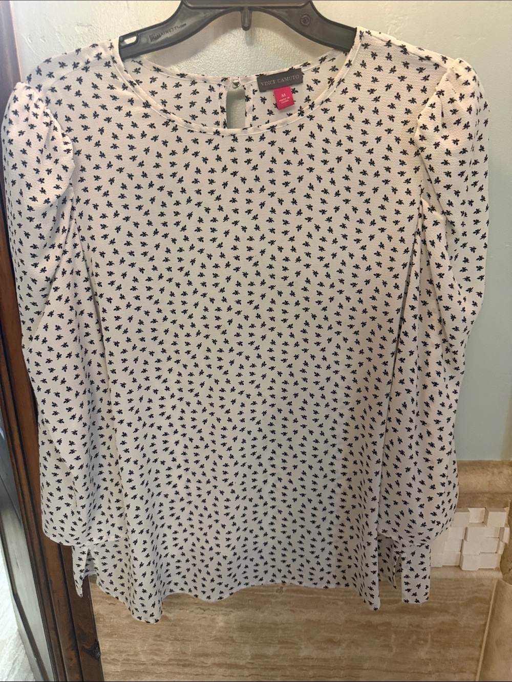 Vince Camuto white Blouse with Black Micro Floral Print
